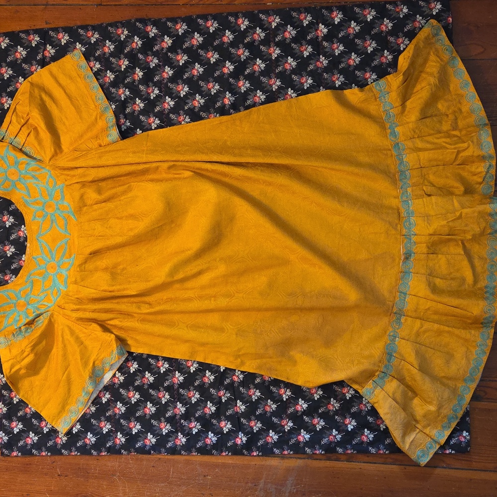 Yellow Dress with Blue Embroidery
